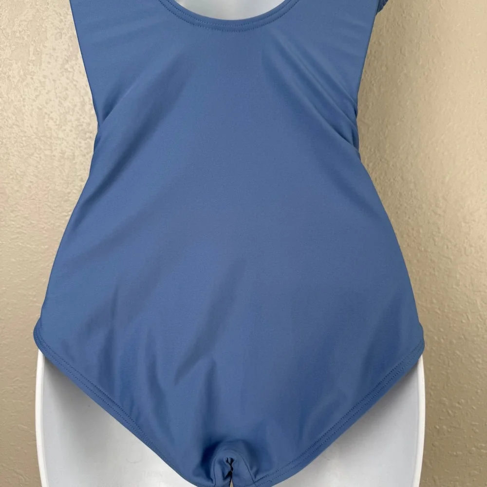 DKNY Blue Ruffle V-Neck Ruched One Piece Swimsuit Slimming Scoop Back S - Picture 7 of 8